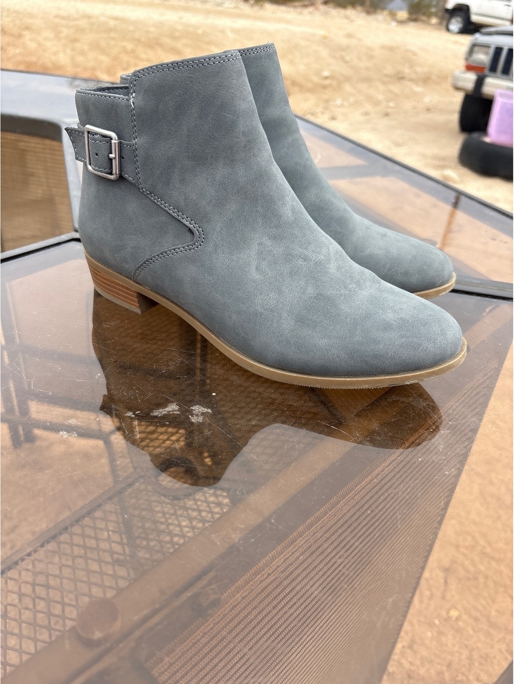 St. John's Bay Women's Gray Synthetic Ankle Boots with Buckle Detail, Size 8M